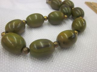 Vintage Large Bold Swirled Green Yellow Brown Bakelite Bead Necklace Strand