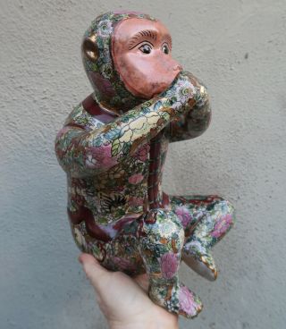 Asian Vintage Porcelain Monkey Figurine Enamel Handpainted Say No Evil Rose Meda