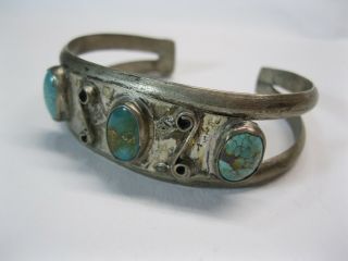 Vintage Antique Sterling Silver And Turquoise 3 Stone Bracelet