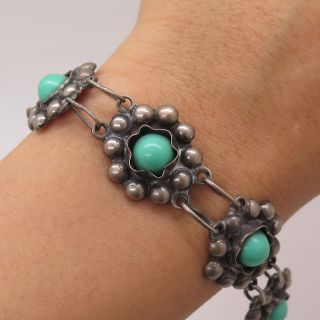 Vtg 925 Sterling Silver Real Turquoise Gemstone Floral Link Bracelet 7 "
