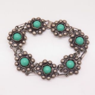 Vtg 925 Sterling Silver Real Turquoise Gemstone Floral Link Bracelet 7 