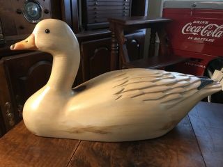 Huge 22” Signed Leo Koppy Hand Carved Painted Wood Hunting Duck Decoy Glass Eyes