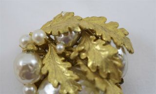 Vintage Miriam Haskell Signed Gold Tone Leaf and Pearl Brooch 1.  5 