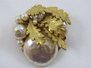 Vintage Miriam Haskell Signed Gold Tone Leaf and Pearl Brooch 1.  5 