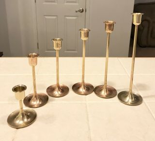 Vintage Brass Candlesticks 6 Graduated Height Tapered Candle Holders Polished 7