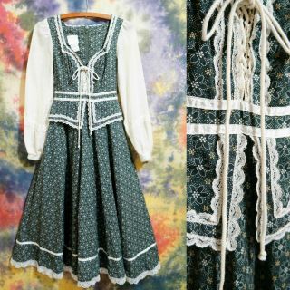 Vtg 60s Gunne Sax Dress Xs W/pockets Floral Peasant Prairie Corset Hippie Boho