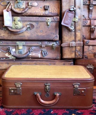 Vintage Great Silver Fleet Striped Tweed Brown Leather Trims Medium Suitcase Usa