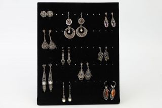 10 X Vintage.  925 Sterling Silver Earrings - Amber,  Marcasite,  Mop (85g)