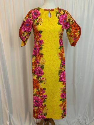 Vintage 1960s Hawaiian Togs Maxi Dress Floral Yellow Bark Cloth Tiki Size 12