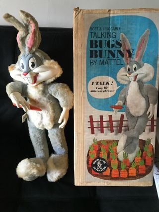 Vintage 1961 Mattel Bugs Bunny Talking Plush Doll Pull String Rubber Face W/box