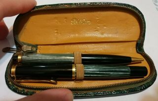 Rare Vintage Light Blue Striped Pelikan Fountain Pen & Pencil Set