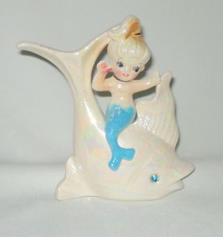 Vintage Mermaid Figurine Or Wall Hanging Sitting On Fancy Fish - Japan