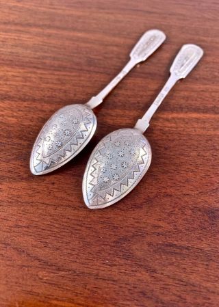 (2) Russian 84 Solid Silver Hand Engraved Spoons: Moscow 1883 Иa Maker