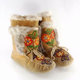 Vintage Hand Beaded Native American Moccasins Rabbit Fur & Leather Boots