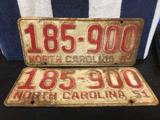 Vintage 1951 North Carolina License Plate Pair