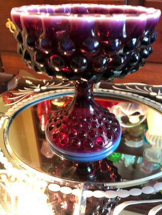 VINTAGE FENTON PLUM HOBNAIL OPALESCENT ART GLASS COVERED CANDY COMPOTE BOWL 7