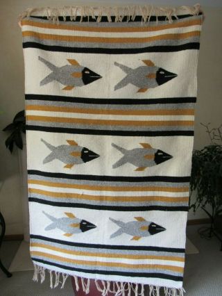 Vtg 1960s Hand Woven Fish Wool Rug Mexican American Wall Hanging 31x52 "