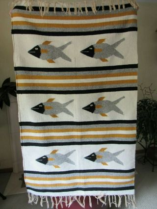 Vtg 1960s Hand Woven FISH Wool RUG Mexican American Wall Hanging 31x52 