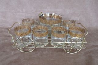 Vintage Set Of 6 Culver Cocktail Glasses,  Ice Bucket,  Tongs & Metal Carrier Rack