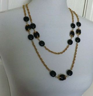 Rare Vintage Signed Trifari Waterfall Style Black Lucite Beads Gold Tone Chain