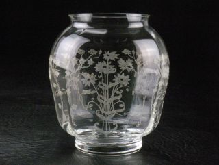 Fostoria Manor Etch Vase,  Vintage 1930s Elegant Etched Glass Rare 5 " Optic Ball