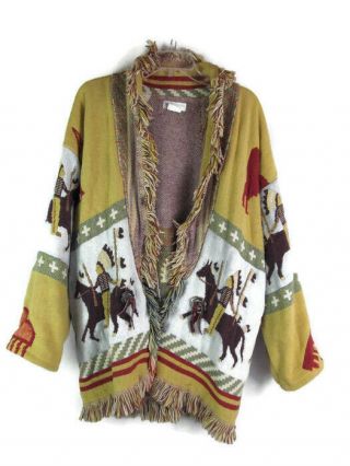 Vintage Lew Magram Women Native American Print Open Front Fringe Jacket