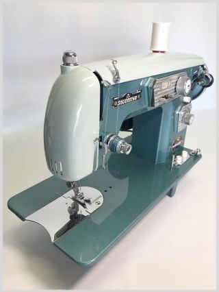 Vintage Sovereign Zig Zag Sewing Machine In Teal/pale Blue - Serviced &