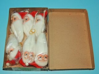 (4) Vintage Box Of 6 Santa Claus Head Christmas On Wire Stem,  Nos,  Japan