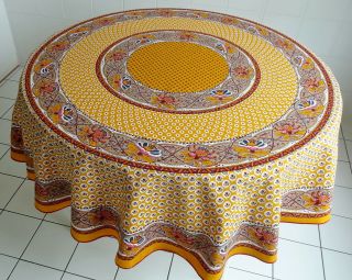 Vtg Charles Demery Round Cotton Tablecloth & Napkins Mustard W/provence Print