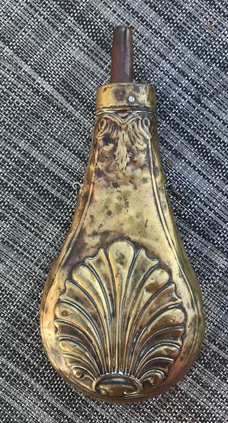 Antique Ornate Brass Embossed Floral Black Powder Flask Civil War