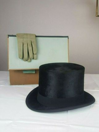 Vintage Beaver Silk Top Hat With Case And Gloves Made In London,  England