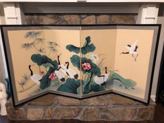Japanese Byobu Screen Hand Painted Japanese Red Crowned Cranes 4 Panel Vintage