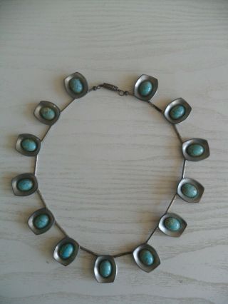 Jorgen Jensen Vintage Modernist Danish Pewter Necklace,  Turquoise Coloured Stones