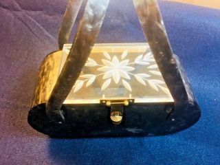 1950s Vintage Lucite Purse In Marbleized Grey Plastic With Double Handle