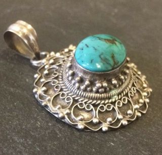 Stunning Vintage Large Sterling Silver Ornate Turquoise Tibetan Pendant Etched