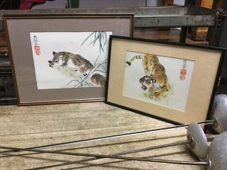 Pair Framed Vintage Chinese Watercolour Paintings Of Fox And Tiger Signed