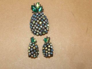 Vintage Art Green Marquise Blue & Ab Rhinestone Pineapple Pin Brooch & Earrings