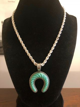 Large C Pollack Sterling Silver Turquoise Pendant Heavy Rope Chain Necklace 925
