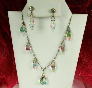 1920s Czech Iris Crystal Glass Necklace Earrings Art Deco Briolette/bicone Drops