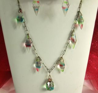 1920s CZECH IRIS CRYSTAL GLASS Necklace Earrings ART DECO Briolette/Bicone Drops 2