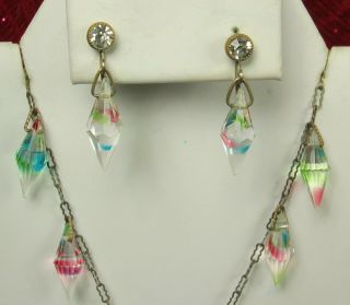 1920s CZECH IRIS CRYSTAL GLASS Necklace Earrings ART DECO Briolette/Bicone Drops 3