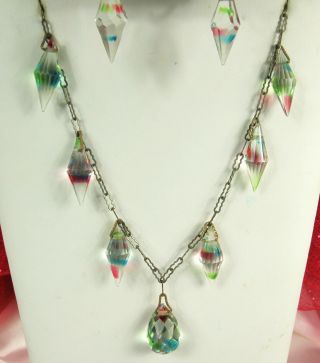 1920s CZECH IRIS CRYSTAL GLASS Necklace Earrings ART DECO Briolette/Bicone Drops 5