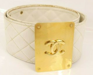 R1296 Auth Chanel Vintage White Quilted Lambskin Cc Logo Wide Belt 75/30