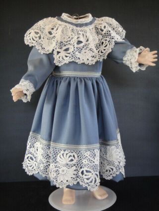 Blue Silk French Doll Dress For 28 - 30 " Doll - Old Laces - Antique Style