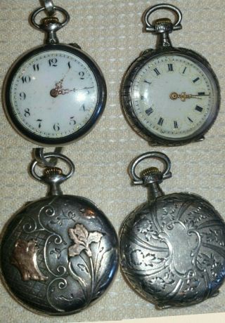 ❤❤2x Fancy Antique Solid Silver Pocket Watches Ladies Gold (vintage Watch