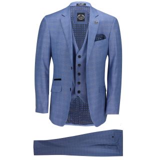 Mens 3 Piece Tailored Fit Blue Prince of Wales Check Smart Vintage Retro Suit 2