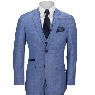 Mens 3 Piece Tailored Fit Blue Prince of Wales Check Smart Vintage Retro Suit 3