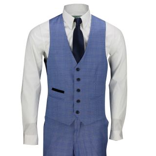 Mens 3 Piece Tailored Fit Blue Prince of Wales Check Smart Vintage Retro Suit 6