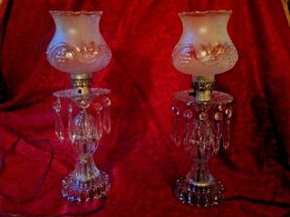 Pair Vintage Crystal Prism Table Boudoir Lamps