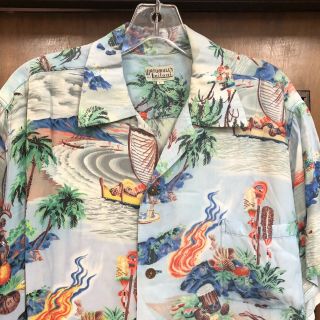 Vintage 1950’s “watamull’s” Tiki Tropical Pattern Crepe Hawaiian Shirt - Large